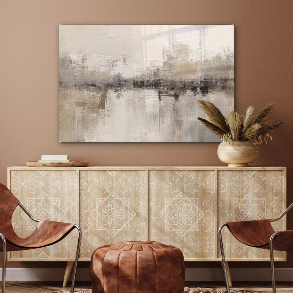 ACRYLGLASBILD Moderne Kunst - Abstrakt - Beige Wandbild Schlafzimmer 120x80 cm - Beige, Glas (120/80cm) - MuchoWow