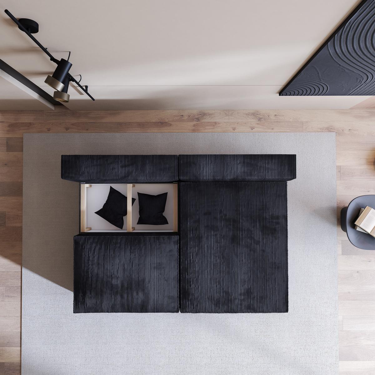 ECKSOFA FIORO P Schwarz Kordstoff mit Schlaffunktion - Schwarz/Grau, Holz/Kunststoff (204/148cm) - MASSENO