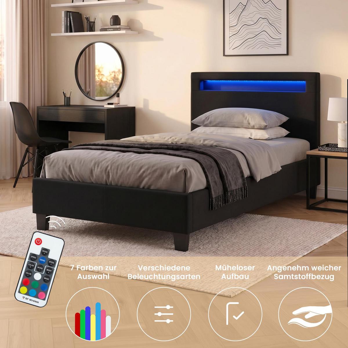 POLSTERBETT MIT LED HIMALAYA 90X200 CM - Schwarz, Textil (90/200cm) - CARO-Möbel