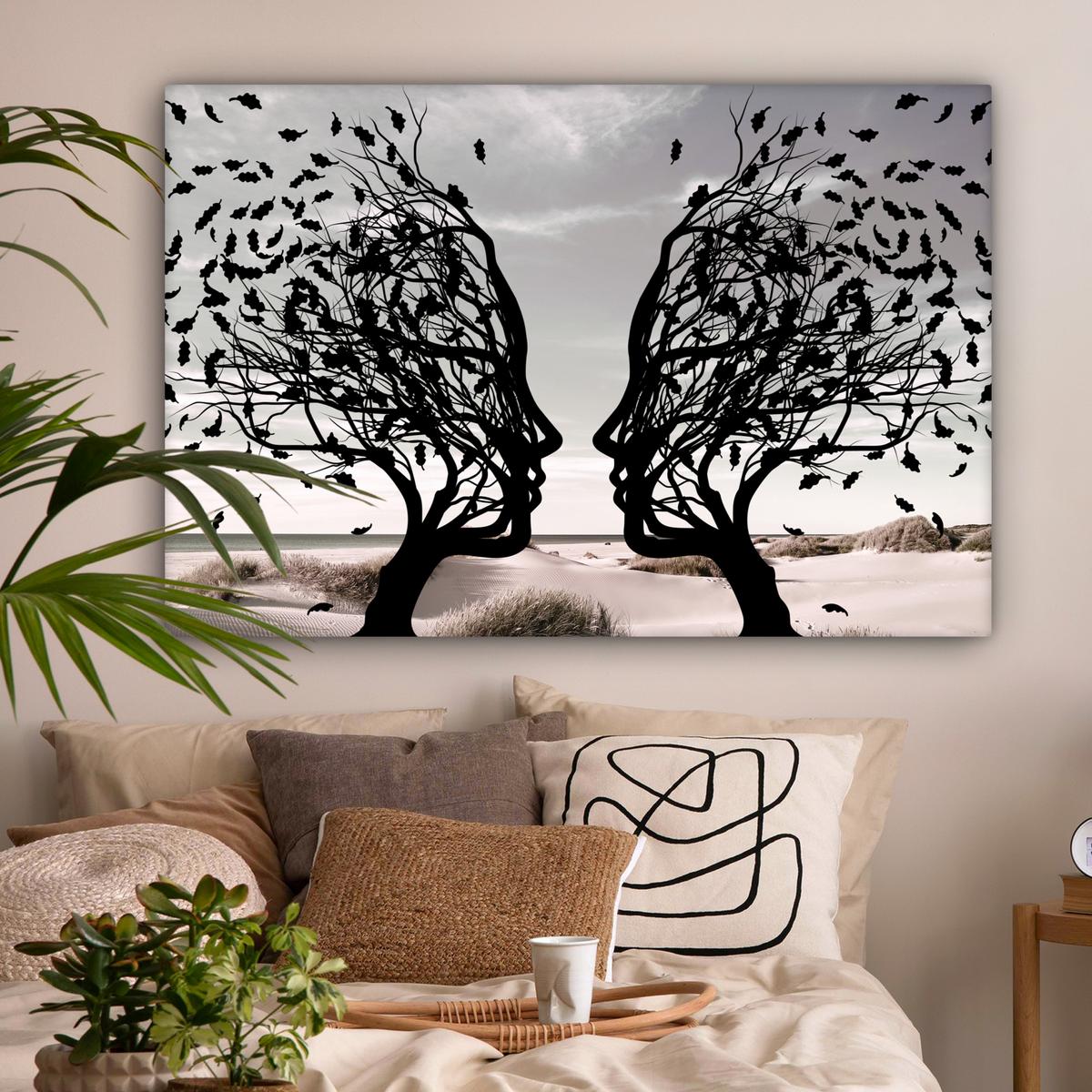 LEINWANDBILD Strand - Meer - Menschen - Baum - Moderne Kunst XXL 150x100 cm - Hellgrau, Textil (150/100cm) - MuchoWow