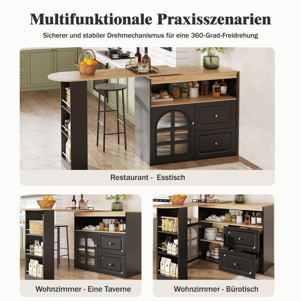 BARTISCH 360° Drehbar Schwarz Ausziehbar Sideboard mit Glastür & Schubladen - Schwarz, Holzwerkstoff (39/138/104cm) - Urban Meuble