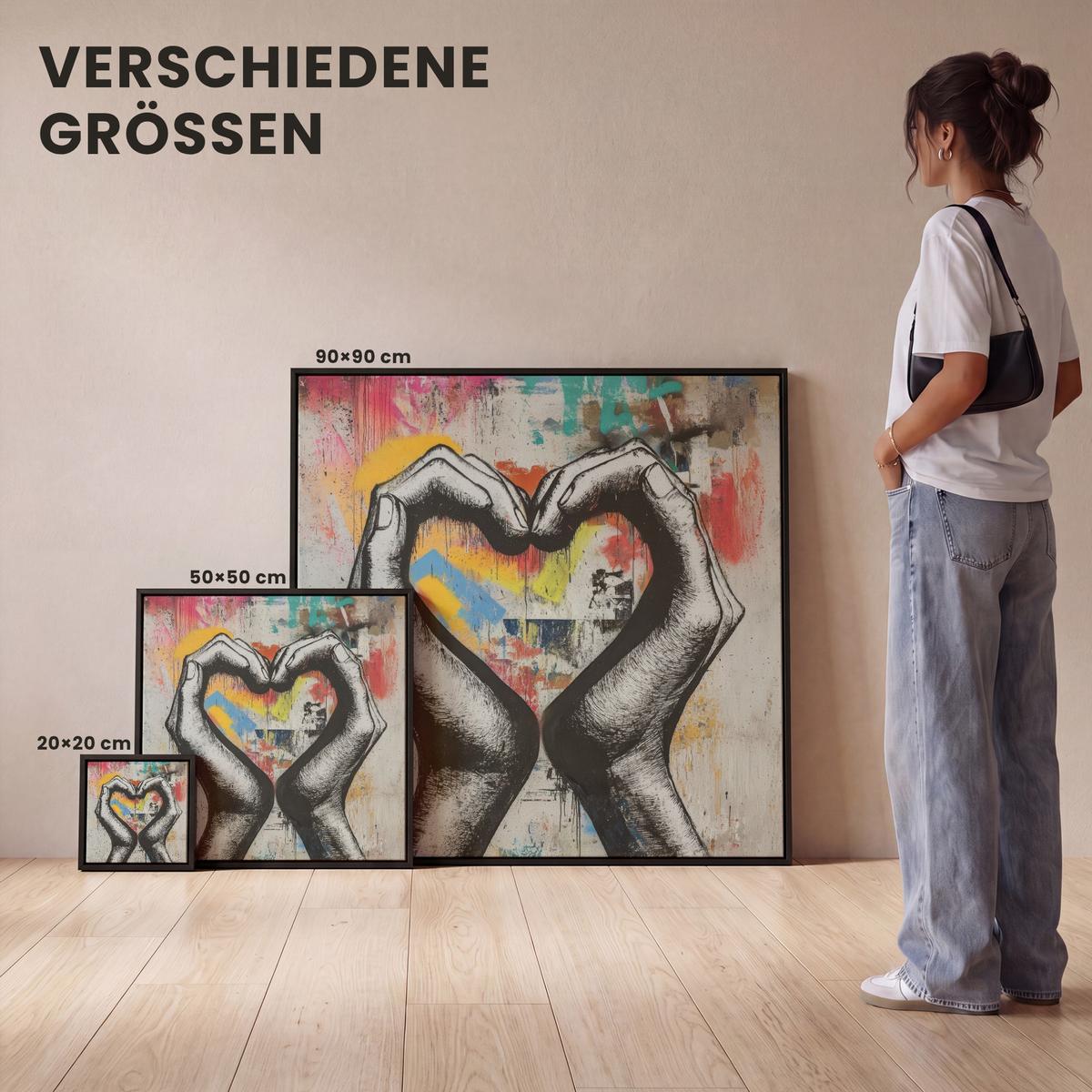 LEINWAND Bilder mit Rahmen - Hände - Herz - Straßenkunst - Graffiti - 50x50 - Multicolor, Textil (50/50cm) - MuchoWow