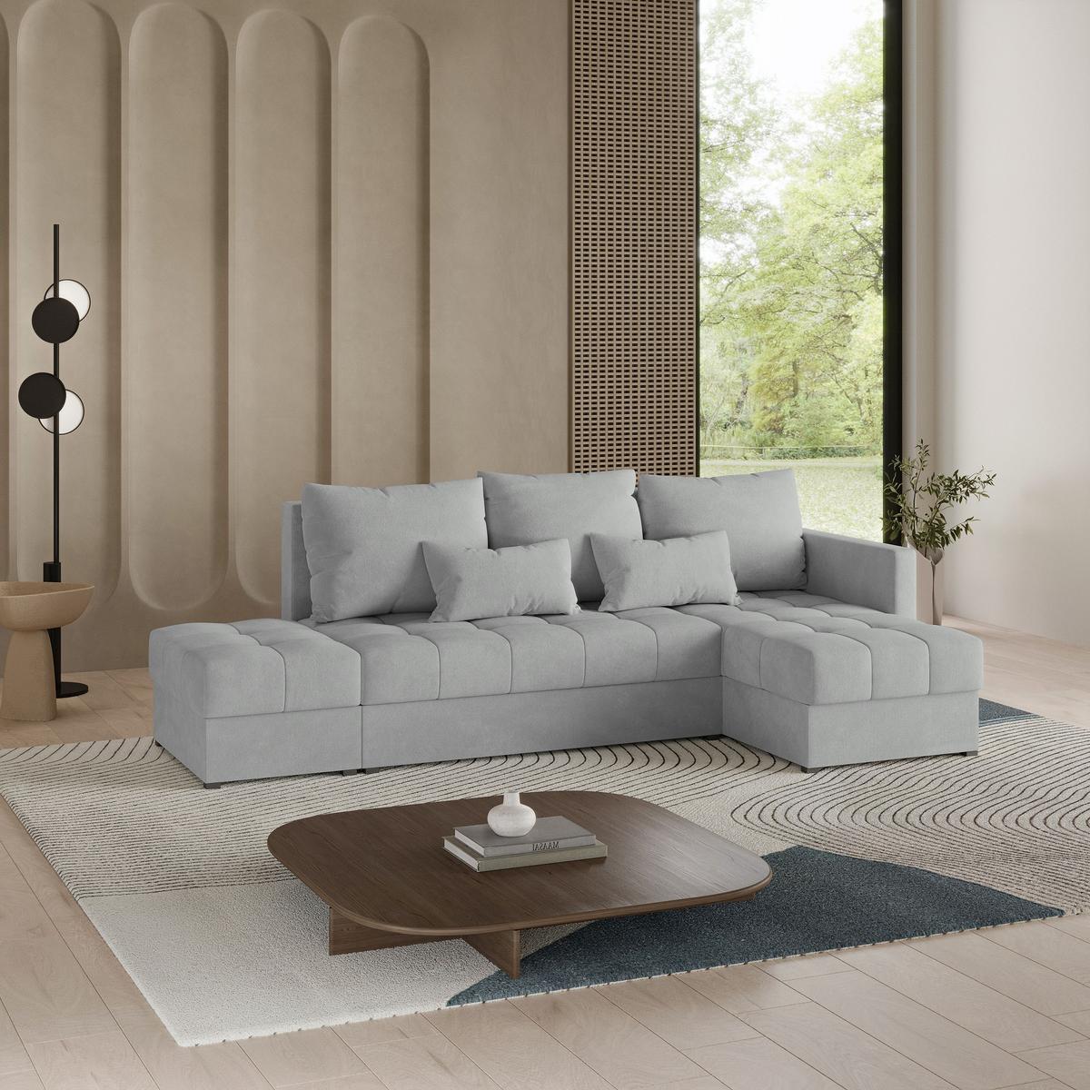 ECKSOFA LUMARI R-S Hellgrau Plüsch-Stoff mit Schlaffunktion - Hellgrau, Holz (262/143cm) - MASSENO