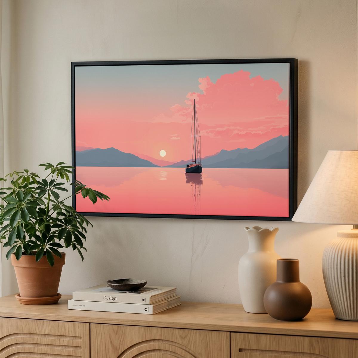 LEINWAND Bilder mit Rahmen - Segelboot - Rosa Meer - Sonnenuntergang - Berge - 60x40 - Rosa, Textil (60/40cm) - MuchoWow