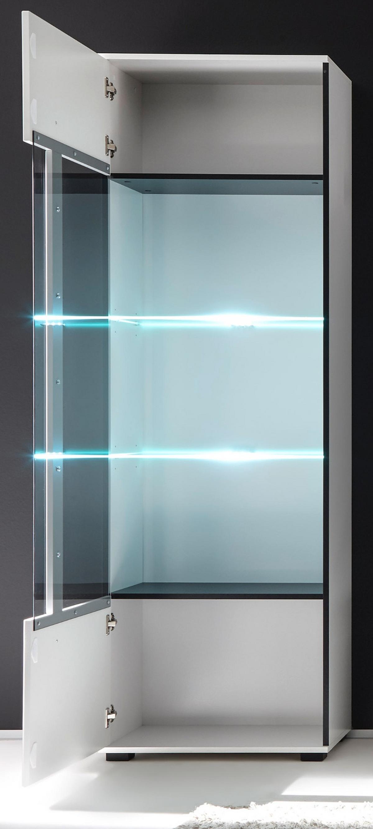 VITRINE weiß Hochglanz 60 x 200 cm, Vitrinenschrank mit 5 Fächern - Weiß Hochglanz/Schwarz, Glas/Holzwerkstoff (60/200/37cm) - Furn.Design