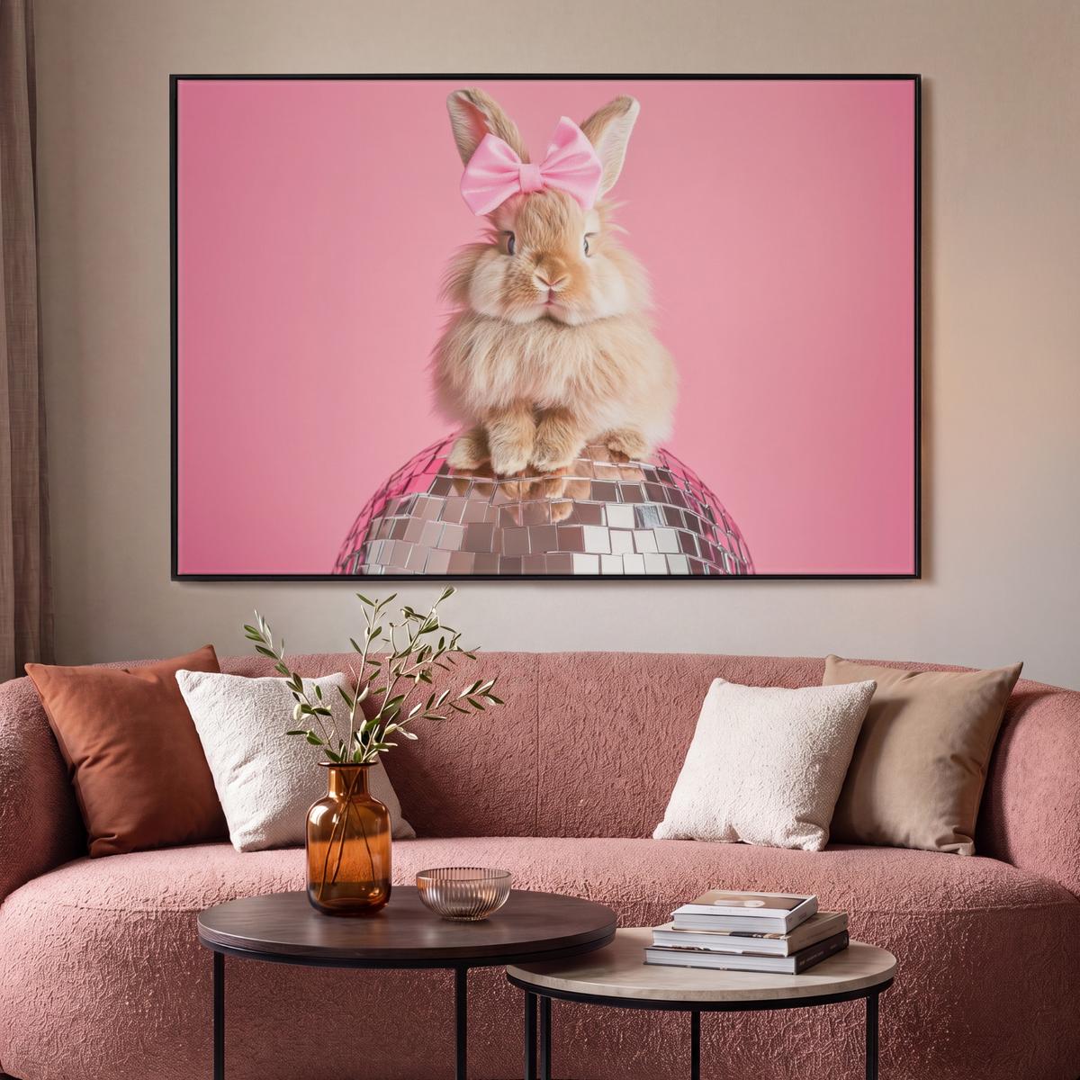 LEINWAND Bilder mit Rahmen - Schleife - Discoball - Kaninchen - 150x100 - Pink, Textil (150/100cm) - MuchoWow