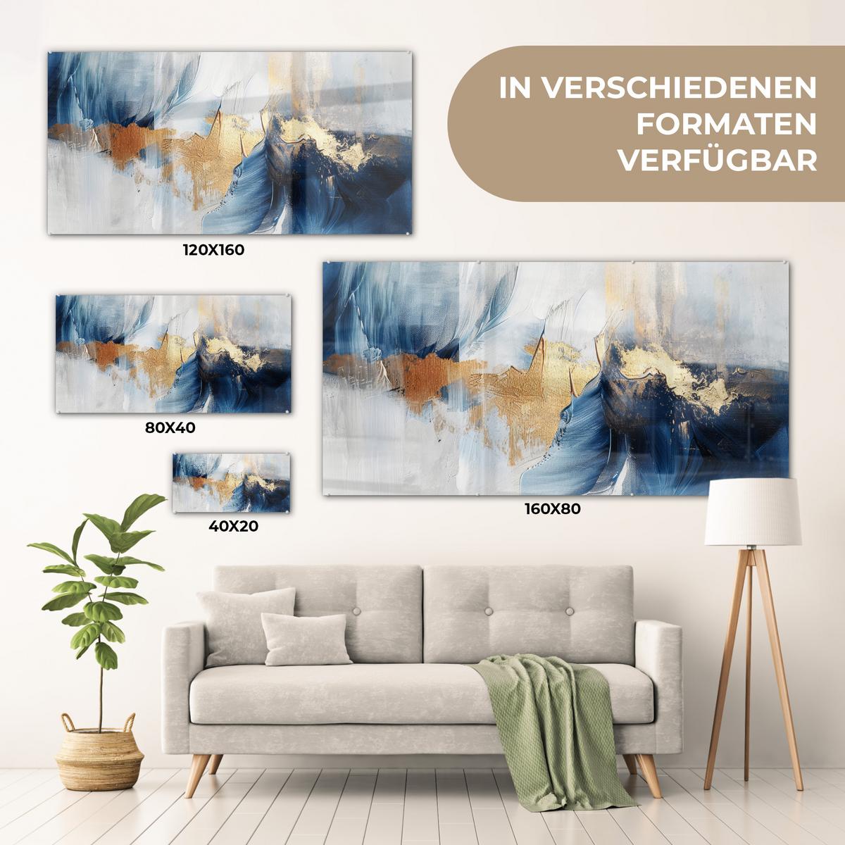 ACRYLGLASBILD Gold - Blau - Aquarell - Kunst - Modern 120x60 cm - Hellblau, Glas (120/60cm) - MuchoWow