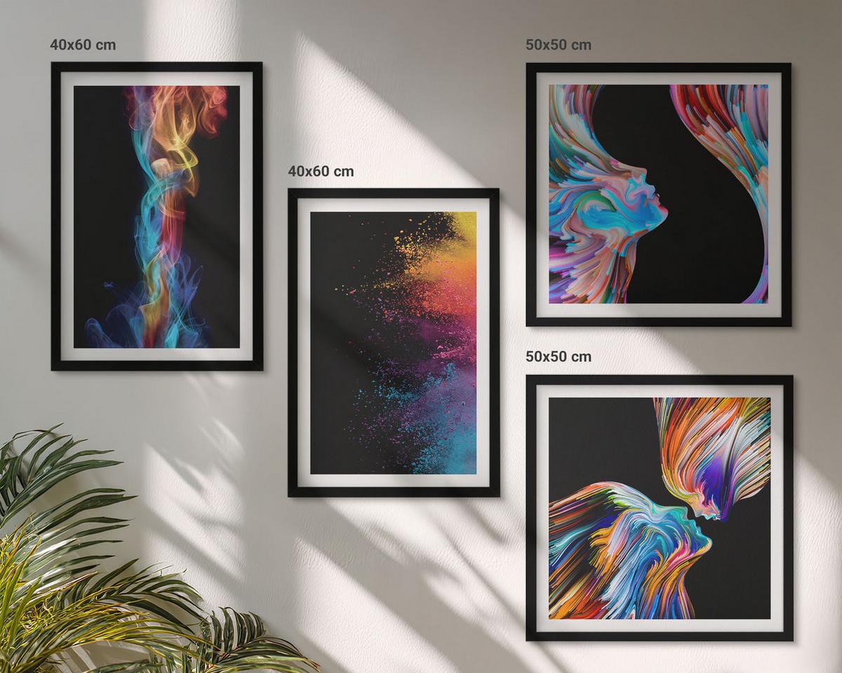 BILDER SET 4er Set - 50x50 cm & 40x60 cm Schwarzer Rahmen - Farbenfrohe Abstraktionen, Gesichter, Formen - Schwarz, Kunststoff (50/50cm) - TULUP