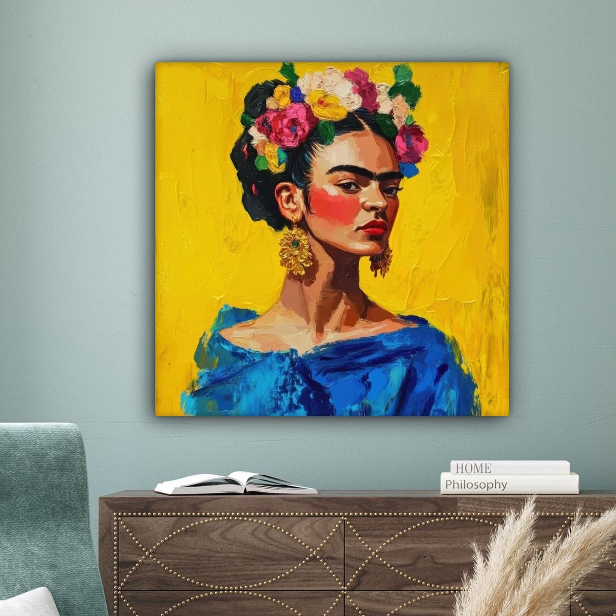 LEINWANDBILD Frida Kahlo - Frau - Gelb - Blau - Blumen Deko Groß 90x90 cm - Gelb, Textil (90/90cm) - MuchoWow