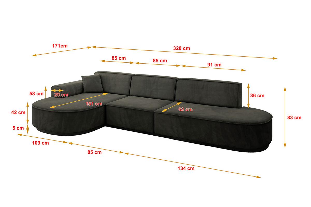 ECKSOFA Ottomane Links MARI-L2-v3 - 328x171x83 cm Schwarz Velours - Schwarz, Holzwerkstoff/Kunststoff (328/171cm) - ALTDECOR