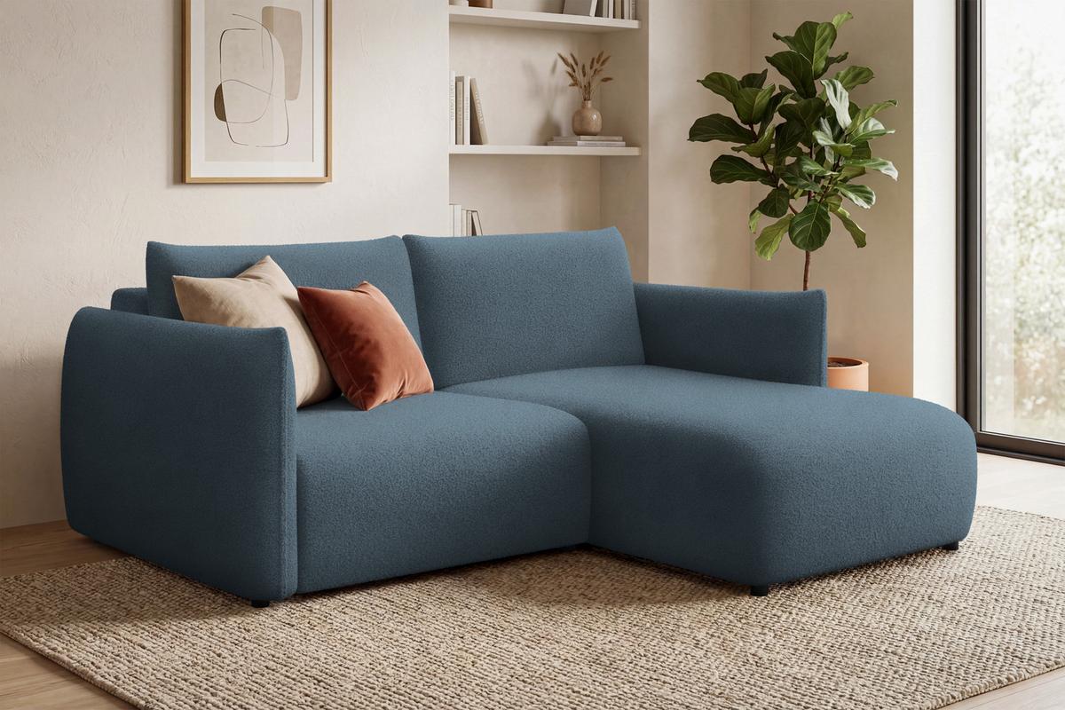 ECKSOFA TAUER 3-Sitzer RECHTS, Bouclé-Stoff blau - Blau/Schwarz, Holz/Textil (206/173cm) - Courtois Laville