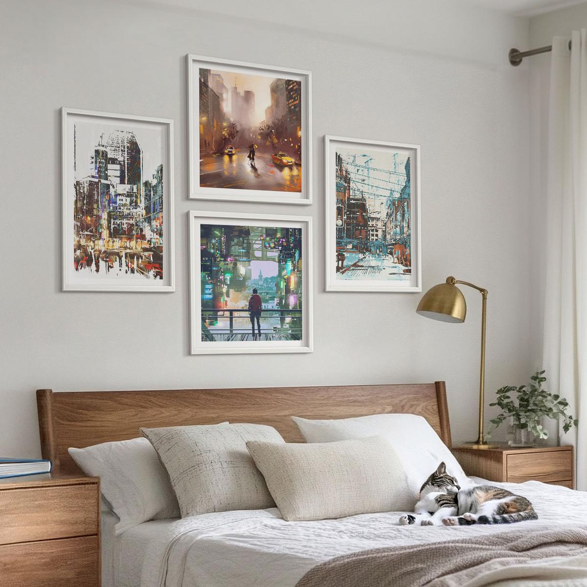 BILDER SET 4er Set - 50x50 cm & 40x60 cm Weißer Rahmen - Moderne, farbenfrohe Städte mit Charakteren - Weiß, Kunststoff (50/50cm) - TULUP
