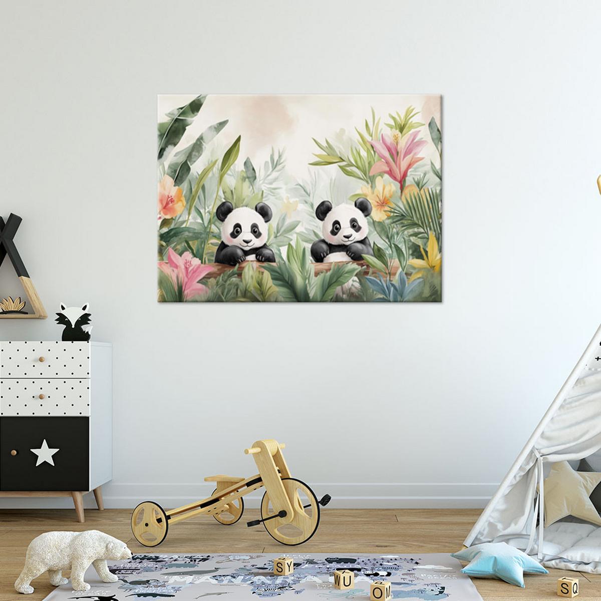 WANDBILD für kinderzimmer pandas in blumen und pflanzen - Grün, Textil (60/40cm) - Feeby