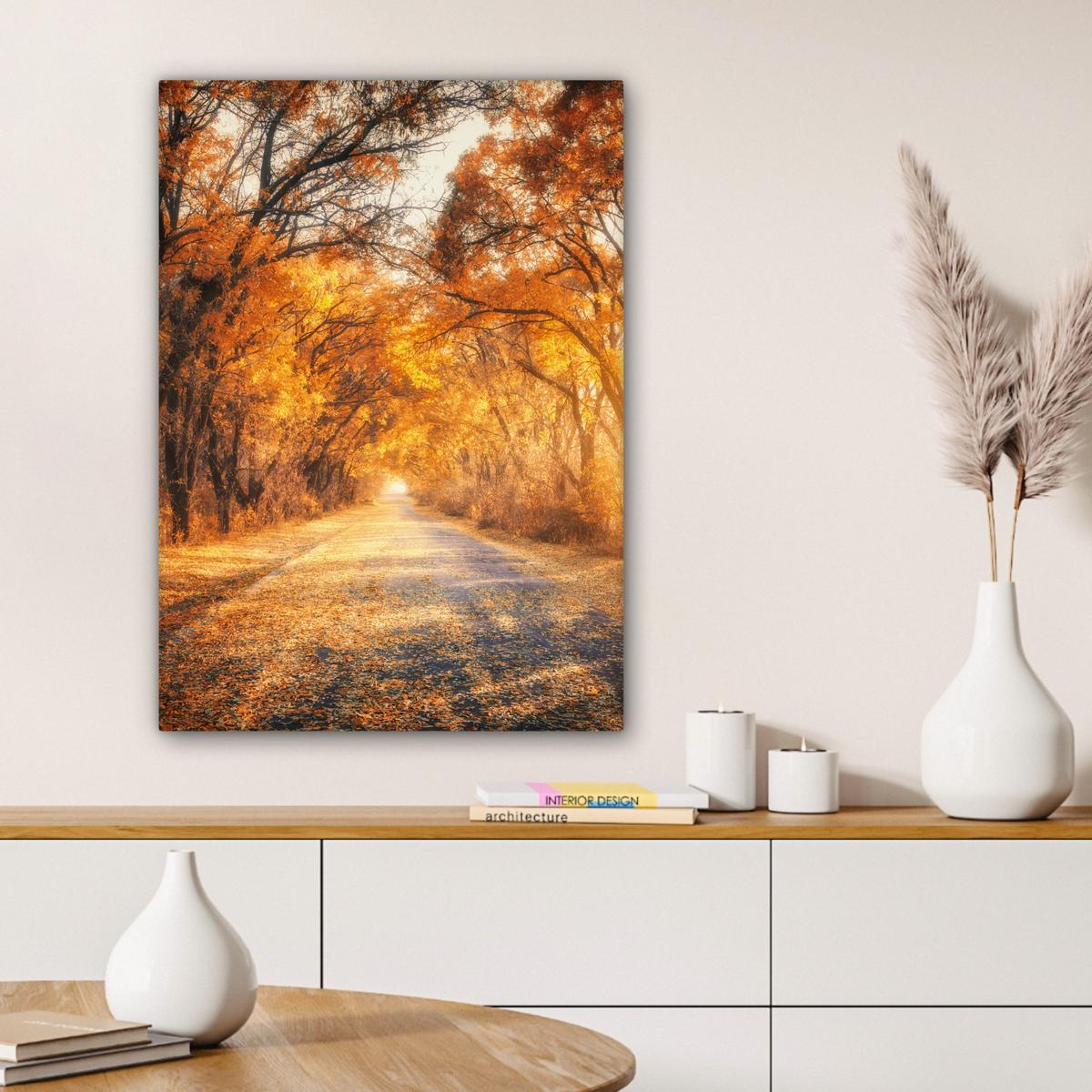 LEINWANDBILD Wald - Herbst - Bäume - Waldweg - Natur Wandbild Wohnzimmer 60x80 cm - Bernsteinfarben, Textil (60/80cm) - MuchoWow