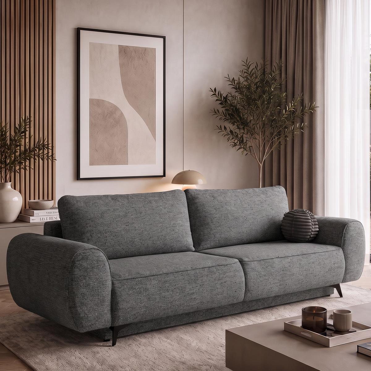 SCHLAFSOFA Vito 3-Sitzer mit Bettkasten, DL-System, Chenille-Stoff, Dunkelgrau - Dunkelgrau/Schwarz, Textil (256/90/99cm) - Beautysofa