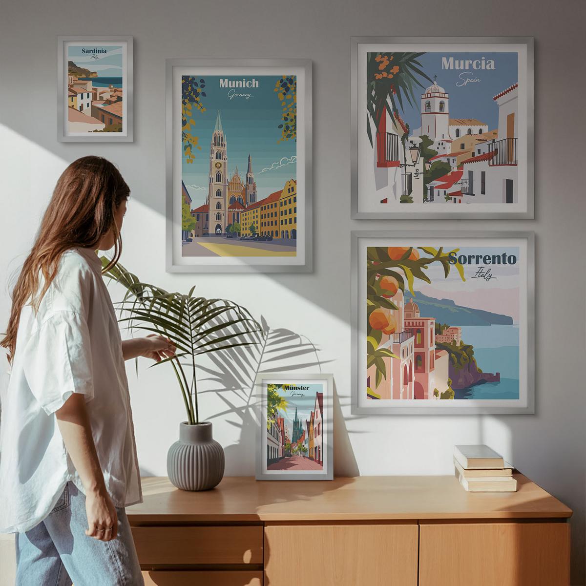BILDER SET 5er Set - 50x50 cm & 20x30 cm & 40x60 cm Silberner Rahmen - Retro-Stadtillustrationen - Silberfarben, Kunststoff (40/60cm) - TULUP