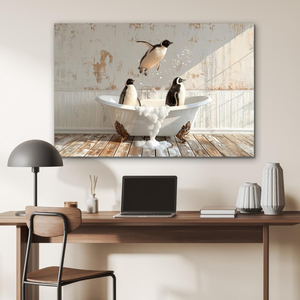 METALLBILD Vintage - Pinguin - Badewanne - Schaumstoff Wanddeko 90x60 cm - Schwarz, Metall (90/60cm) - MuchoWow