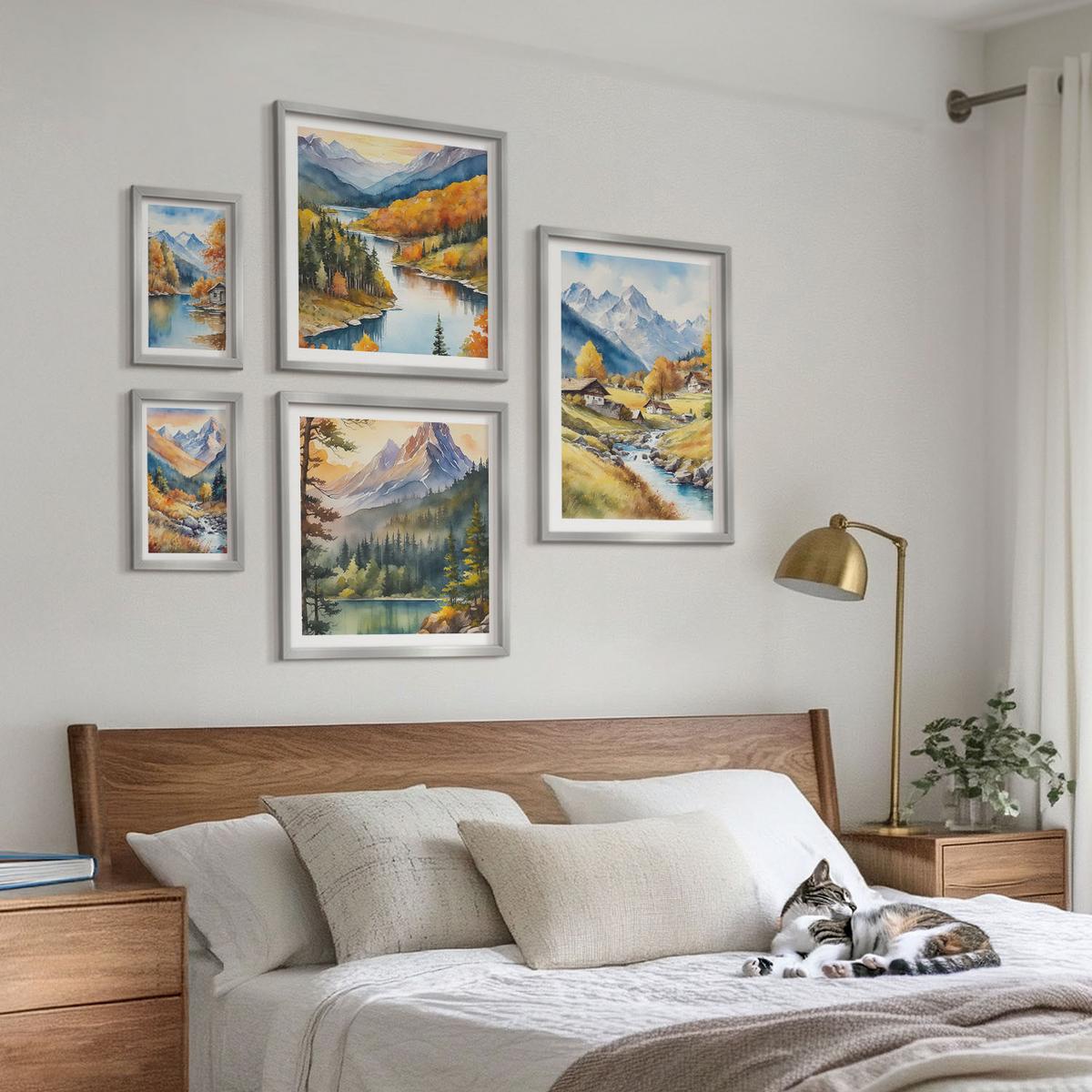 BILDER SET 5er Set - 50x50 cm & 20x30 cm & 40x60 cm Silberner Rahmen - Bergblick, Fluss, Herbst - Silberfarben, Kunststoff (40/60cm) - TULUP