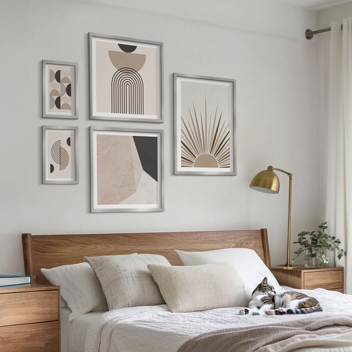 BILDER SET 5er Set - 50x50 cm & 20x30 cm & 40x60 cm Silberner Rahmen - Abstrakte beige und braune Formen - Silberfarben, Kunststoff (40/60cm) - TULUP