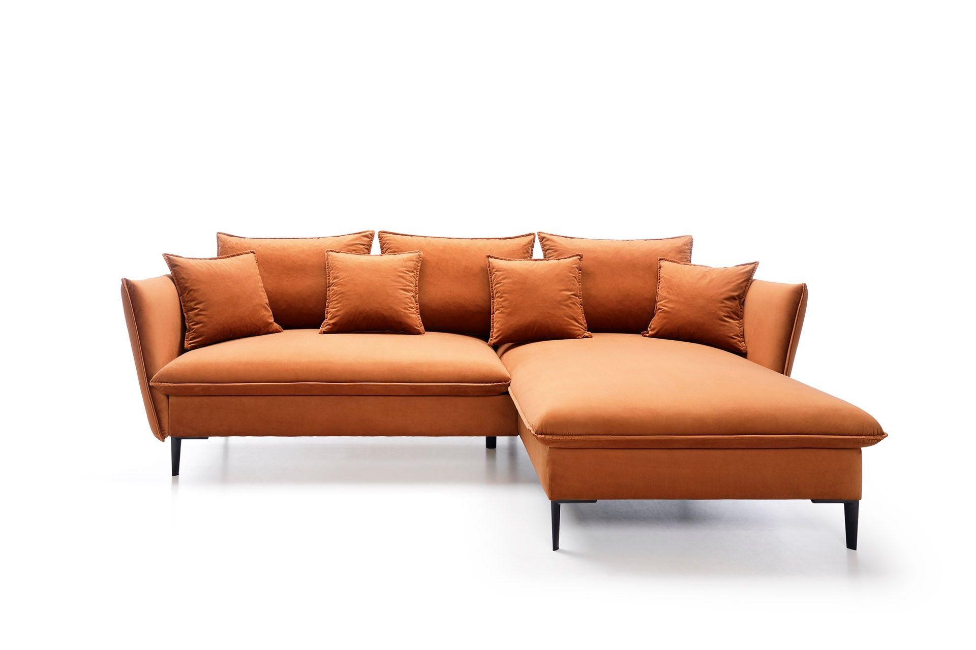ECKSOFA SOLE Orange Plüsch-Stoff mit Schlaffunktion - Orange, Holz (258/167cm) - MASSENO
