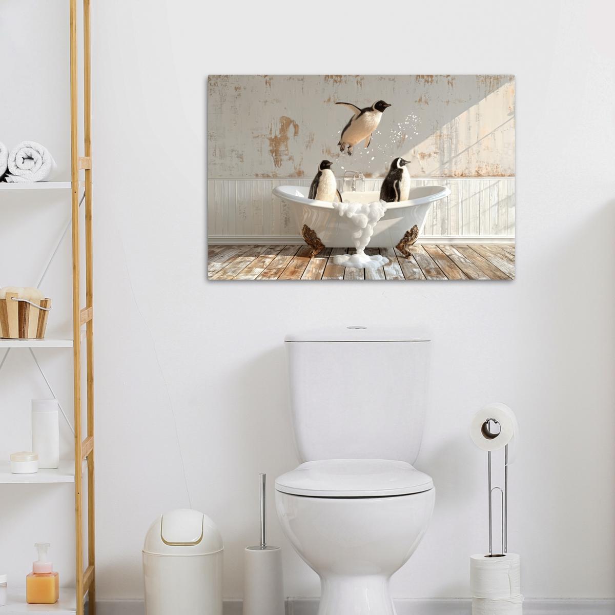 LEINWANDBILD Vintage - Pinguin - Badewanne - Schaumstoff Wanddeko 90x60 cm - Schwarz, Textil (90/60cm) - MuchoWow
