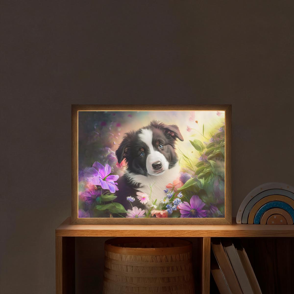 WANDLEUCHTE MIT AKKU Welpe - Sonne - Blumen - Natur - Border Collie - Hund 40x30 cm - Violett, Holzwerkstoff (40/30/8cm) - OnlyWow