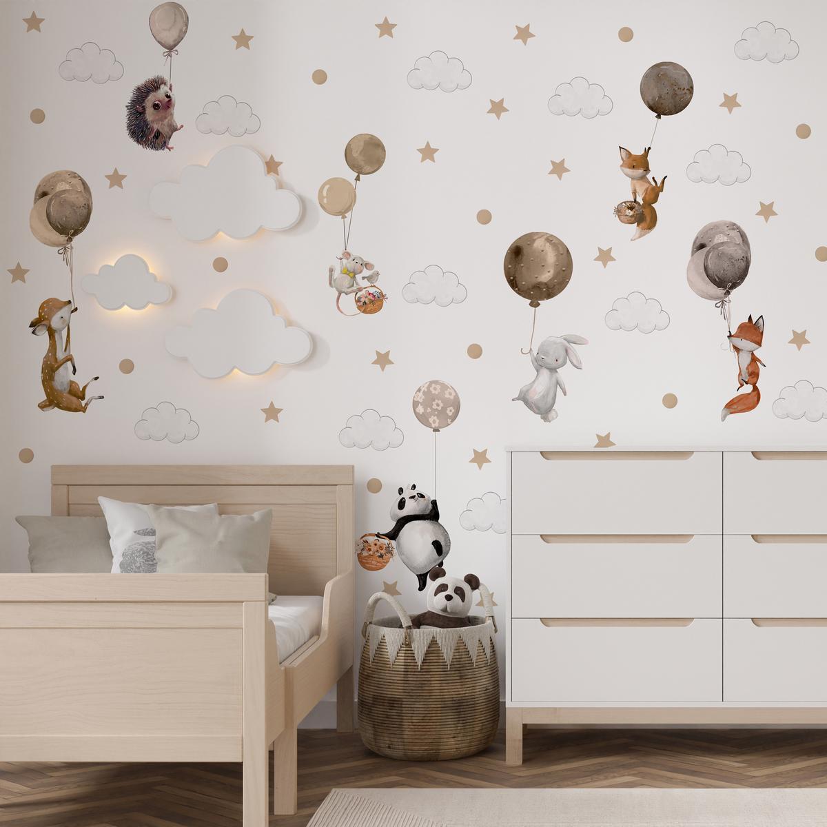 AUFKLEBER SET Tiere Ballons Wolken Sterne Punkte 120x60 - Beige/Schwarz, Papier (120/60/1cm) - Muralo