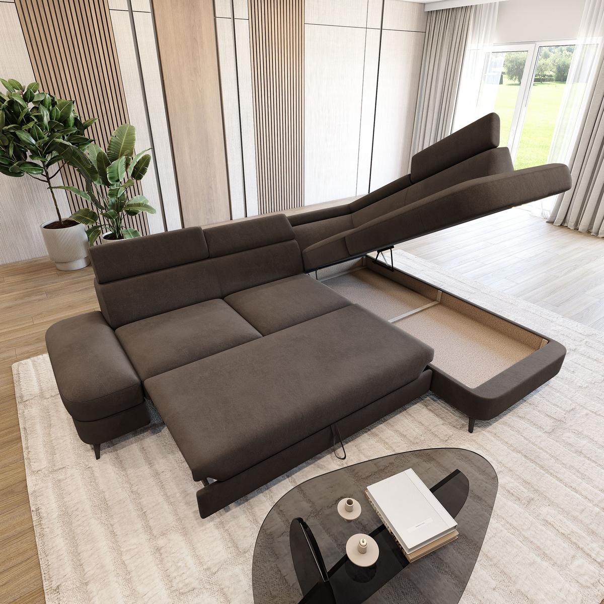 ECKSOFA AVISE MV R-S Braun Velours-Stoff mit Schlaffunktion - Braun, Holzwerkstoff/Textil (268/195cm) - MASSENO
