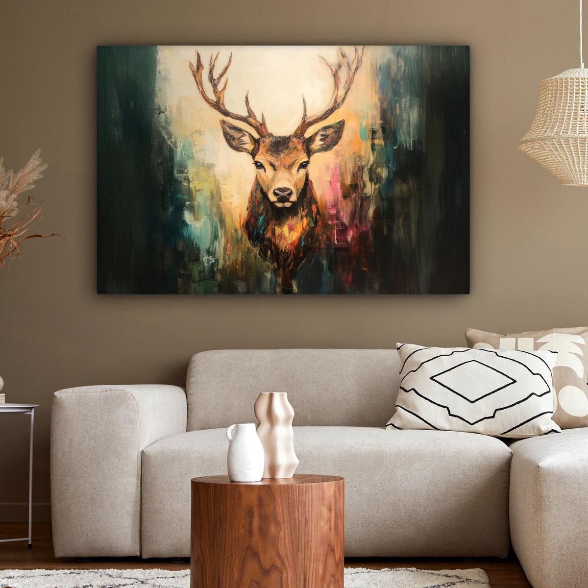 LEINWANDBILD Hirsch - Gemalt - Geweih - Braun XXL 150x100 cm - Haselnussfarben, Textil (150/100cm) - MuchoWow
