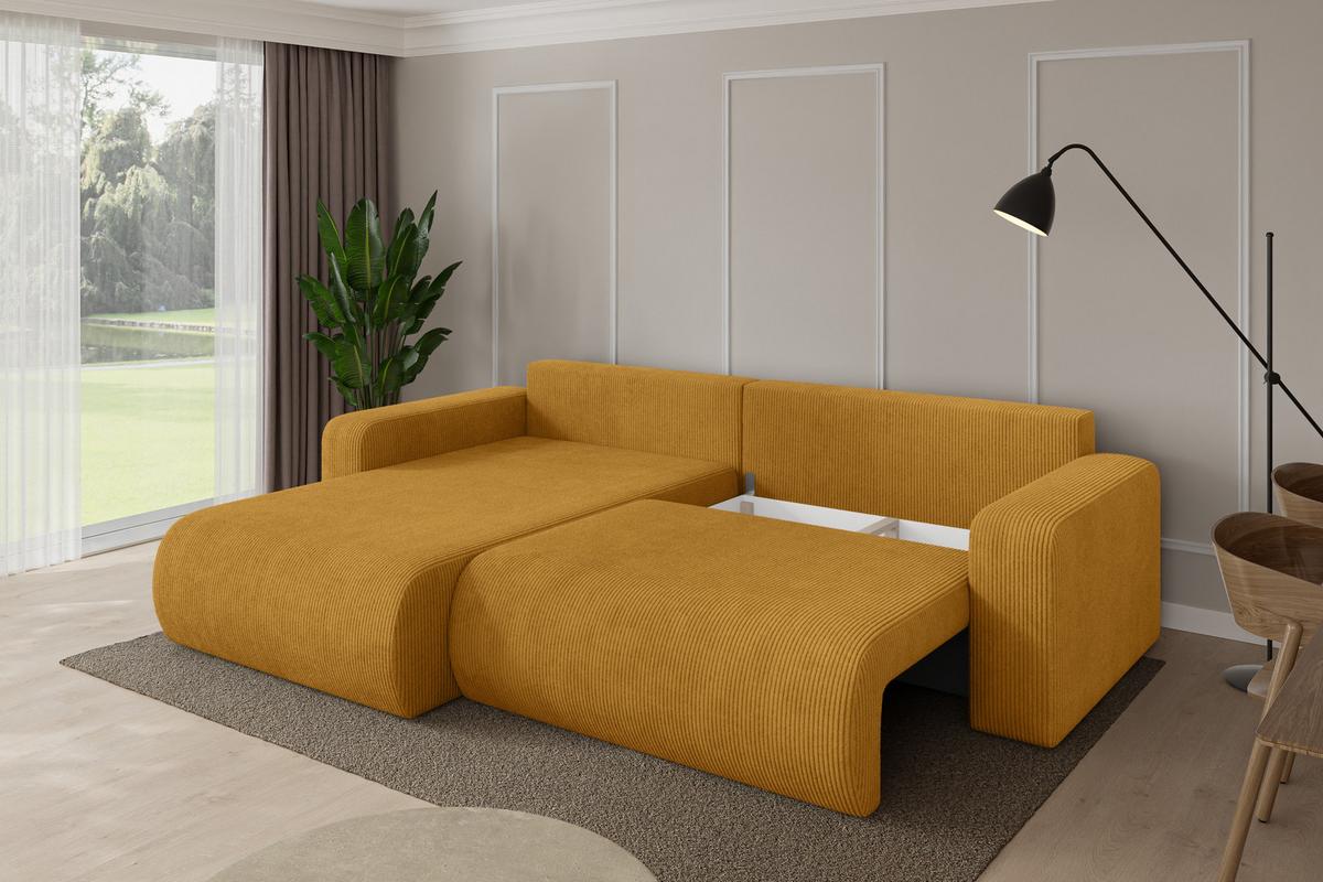 ECKSOFA mit Schlaffunktion Ottomane Links BERY-L 276x193x88 Senfgelb Cord - Dunkelgelb/Schwarz, Holzwerkstoff/Kunststoff (276/193cm) - ALTDECOR
