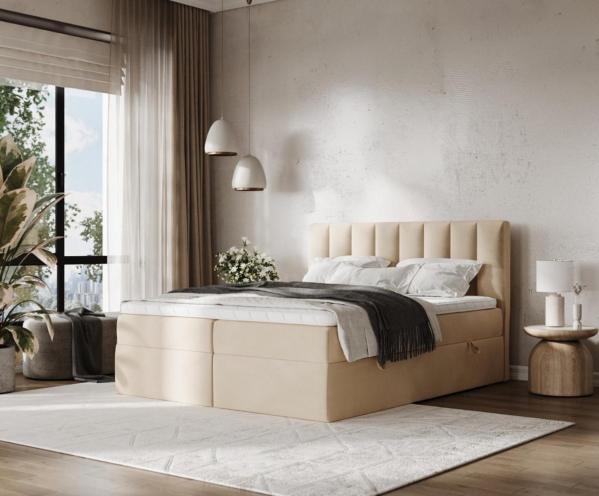 BOXBETT Bari 200/200 cm Beige im Kronos Stoff - Beige, Holz/Holzwerkstoff (200/200cm) - AltaBeds