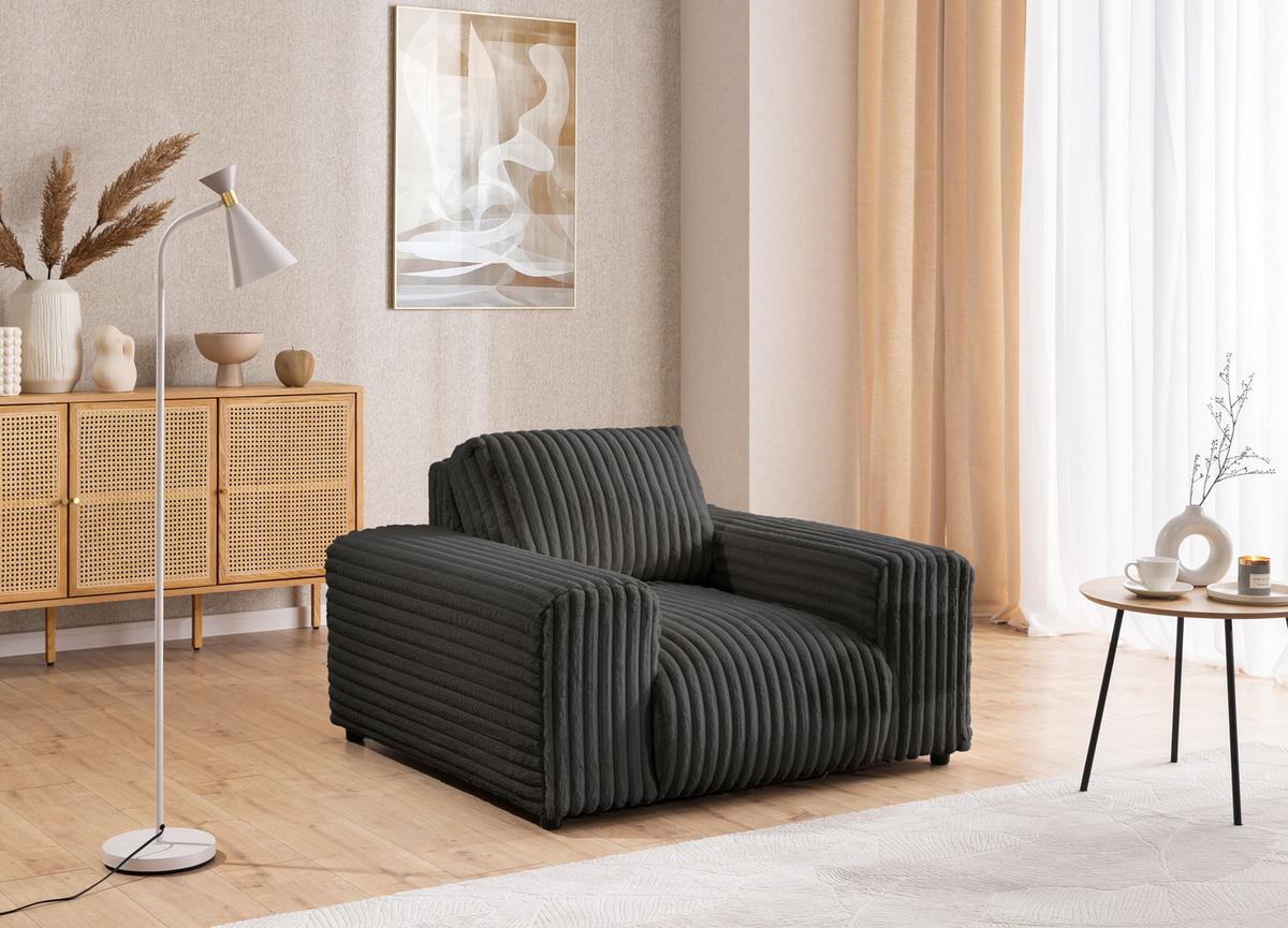 SESSEL Mollis Dunkelgrau Plüschcord - Dunkelgrau/Schwarz, Holz/Kunststoff (119/79/108cm) - S-Style Möbel