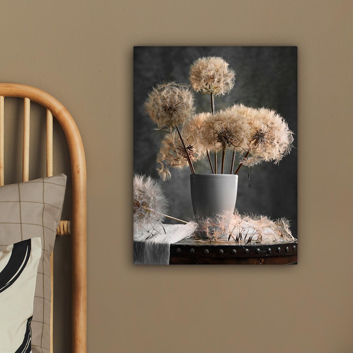 LEINWANDBILD Blumensamen - Löwenzahn - Vase - Stilleben - Blumenstrauß Room Decor 30x40 cm - Dunkelgrau, Textil (30/40cm) - MuchoWow