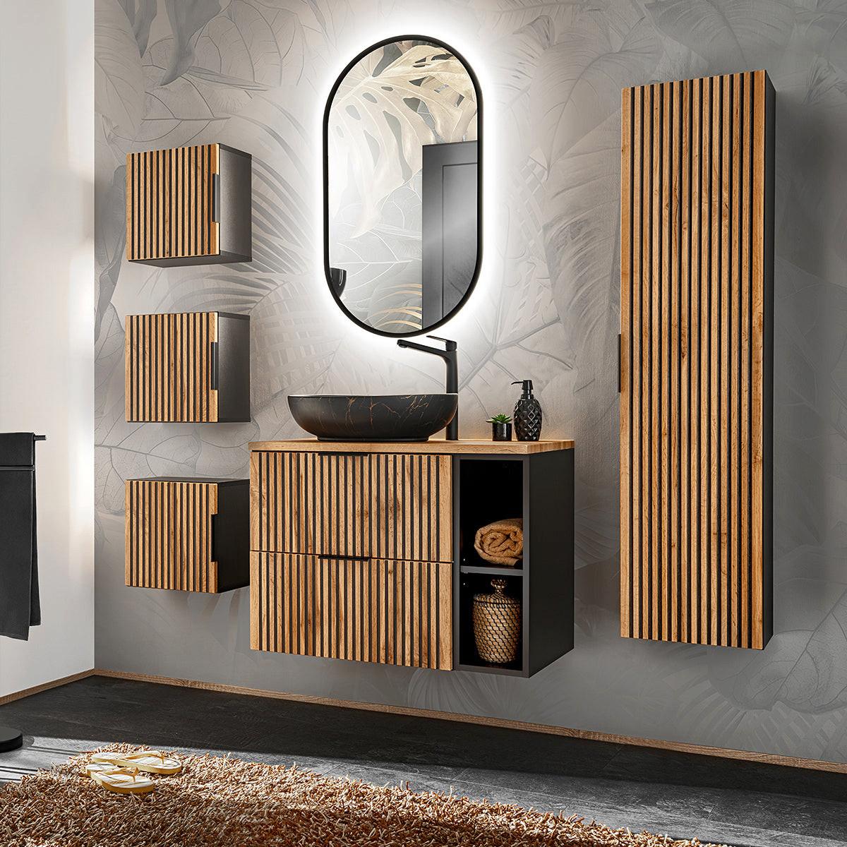 BADMÖBEL 80.6cm Gaia 2er-Set Holz in Eichenoptik und Schwarz - Braun, Holzwerkstoff (80.6/59/46cm) - Petits-meubles