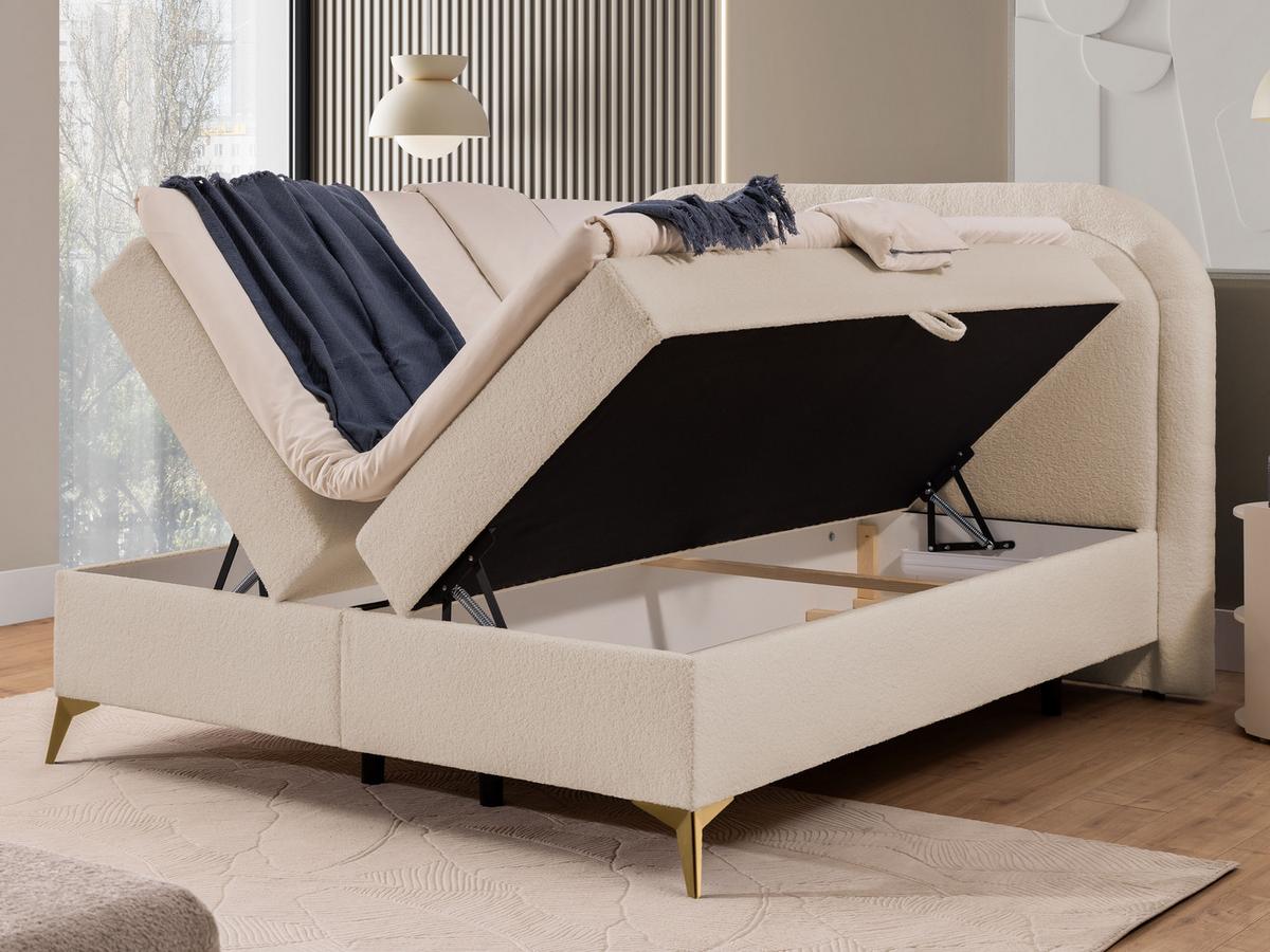 BOXBETT Sonna 180/200 cm Hellbeige Bouclé-Stoff mit abgerundetem Kopfteil und mit goldenen Metallfüßen - Beige/Goldfarben, Holz/Textil (180/200cm) - S-Style Möbel