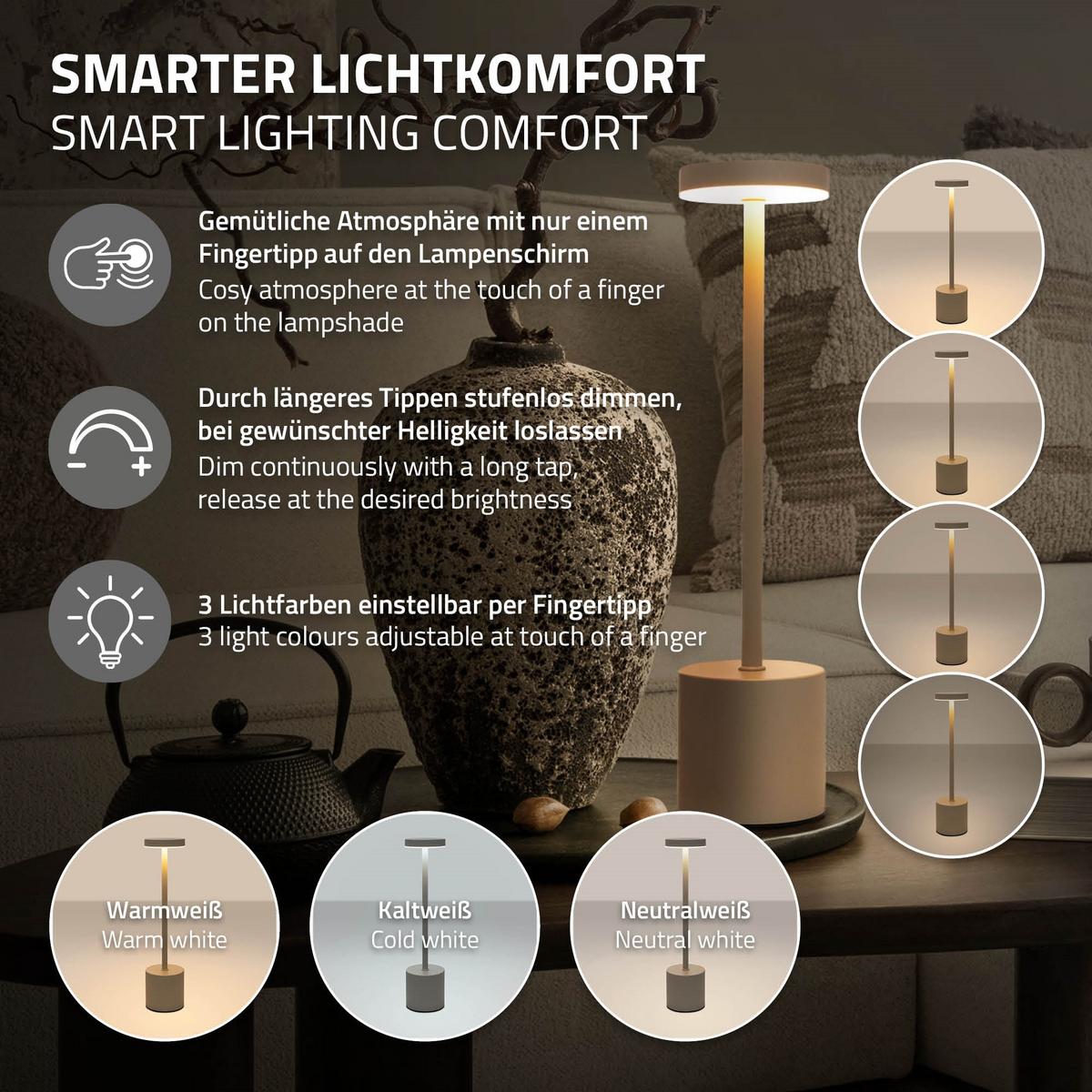 LED TISCHLAMPE kabellos Touch Creme Ø8x34,5cm 3 Lichtfarben Dimmbar - Goldfarben, Metall (8/8/34.2cm) - Home Styling Collection