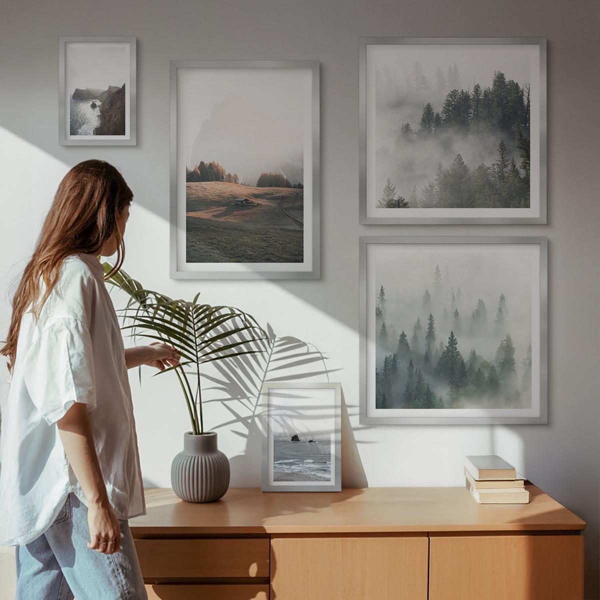 BILDER SET 5er Set - 50x50 cm & 20x30 cm & 40x60 cm Silberner Rahmen - Landschaften aus Bergen und Meer - Silberfarben, Kunststoff (40/60cm) - TULUP