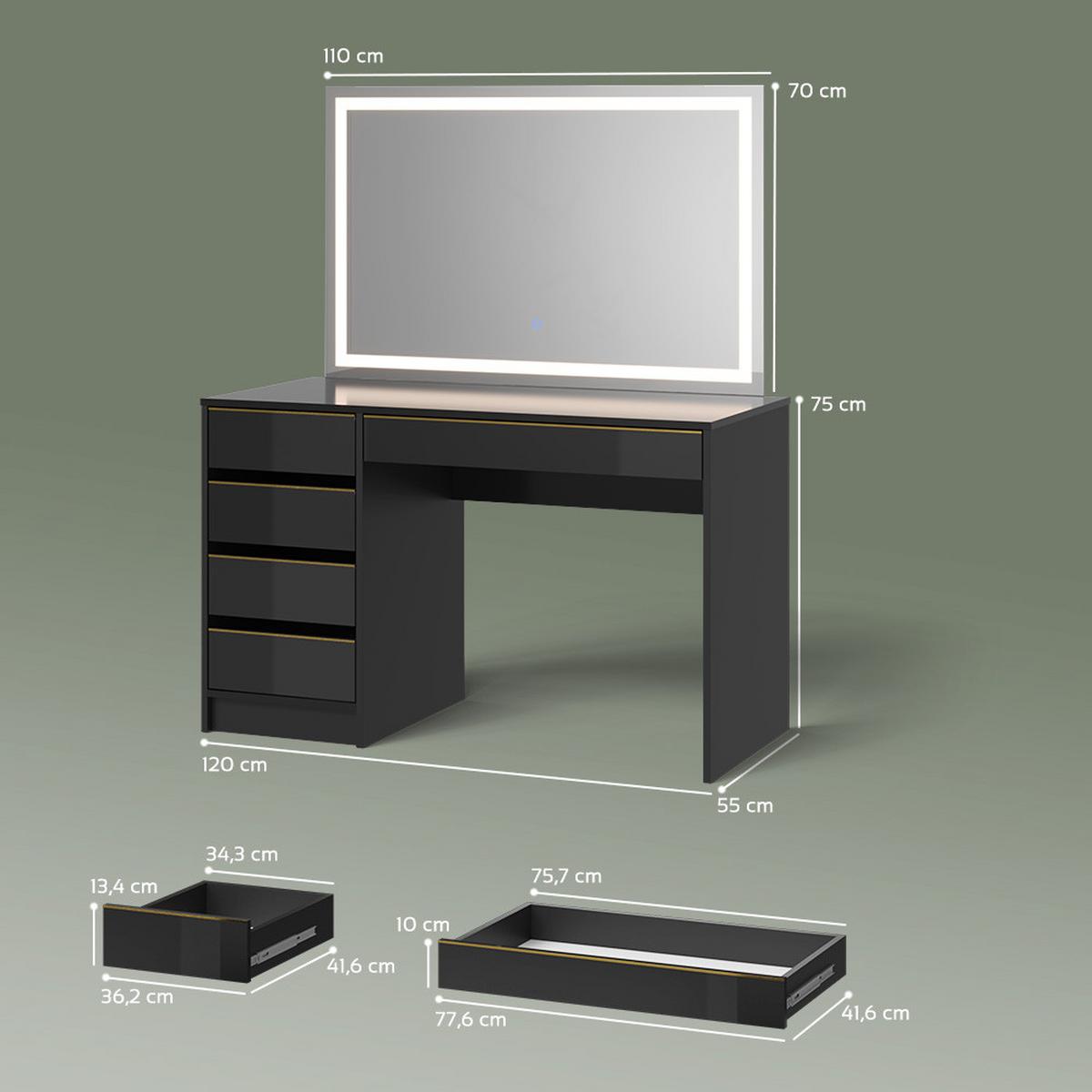 SCHMINKTISCH Imola Schwarz/Gold 120 cm mit LED-Spiegel - Goldfarben/Schwarz, Holzwerkstoff (120/75/55cm) - Livinity®