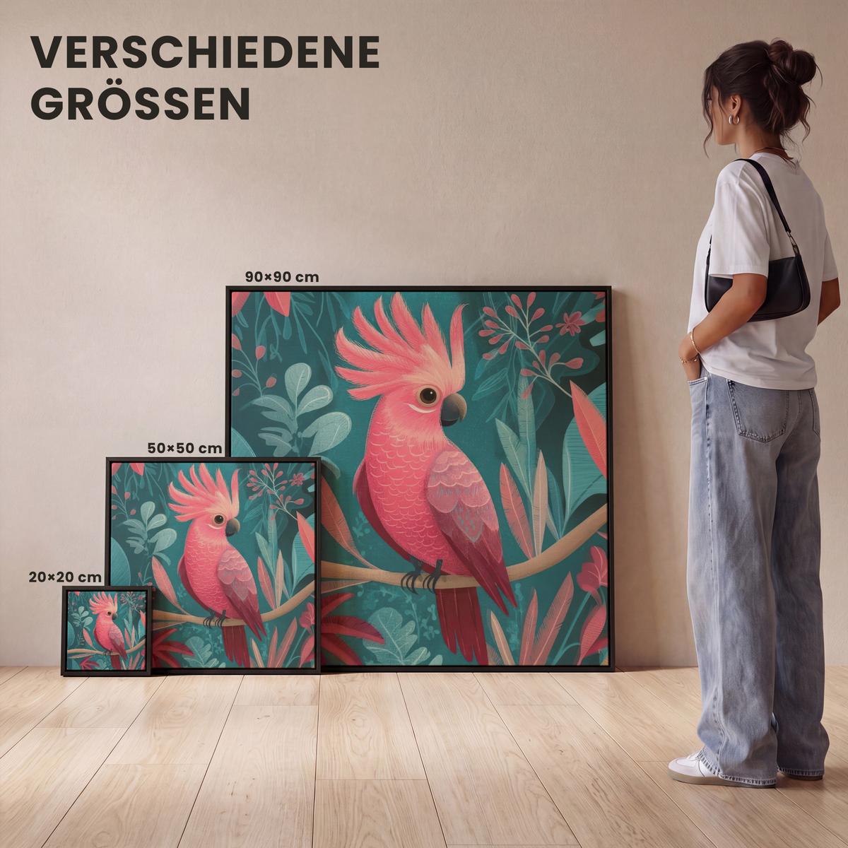 LEINWAND Bilder mit Rahmen - Kakadu - Tropische Blätter - Zweig - 50x50 - Petrol, Textil (50/50cm) - MuchoWow