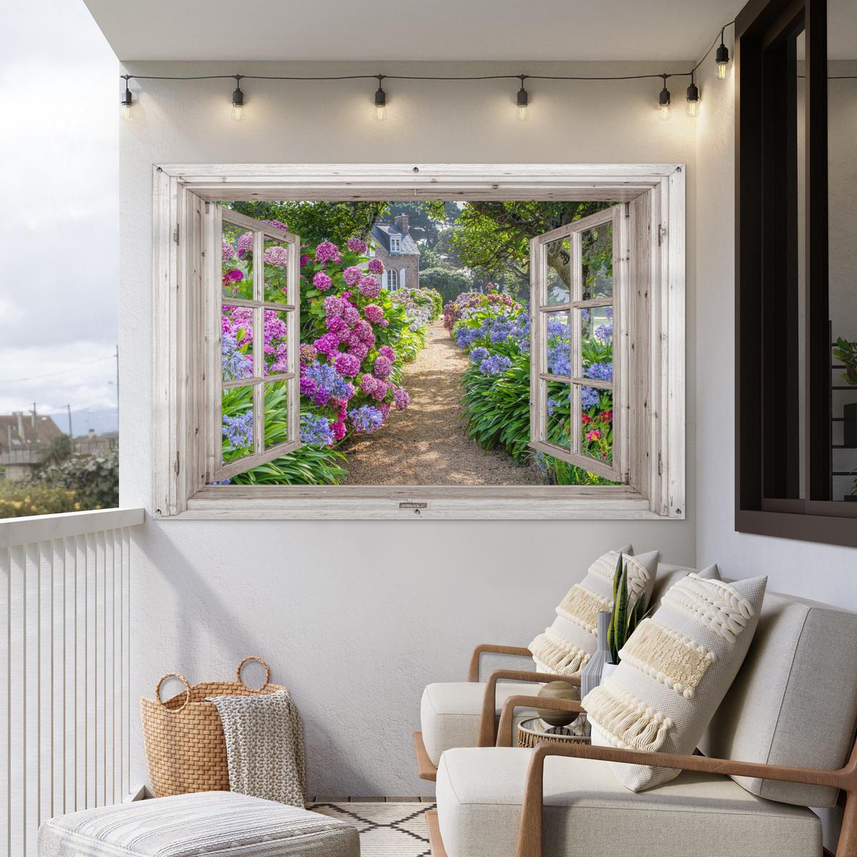 GARTENPOSTER Hortensie - Durchsichtig - Blumen - Sommer - Lila - Weg Poster für draußen 180x120 cm - Grün, Kunststoff (180/120/0.2cm) - OnlyWow