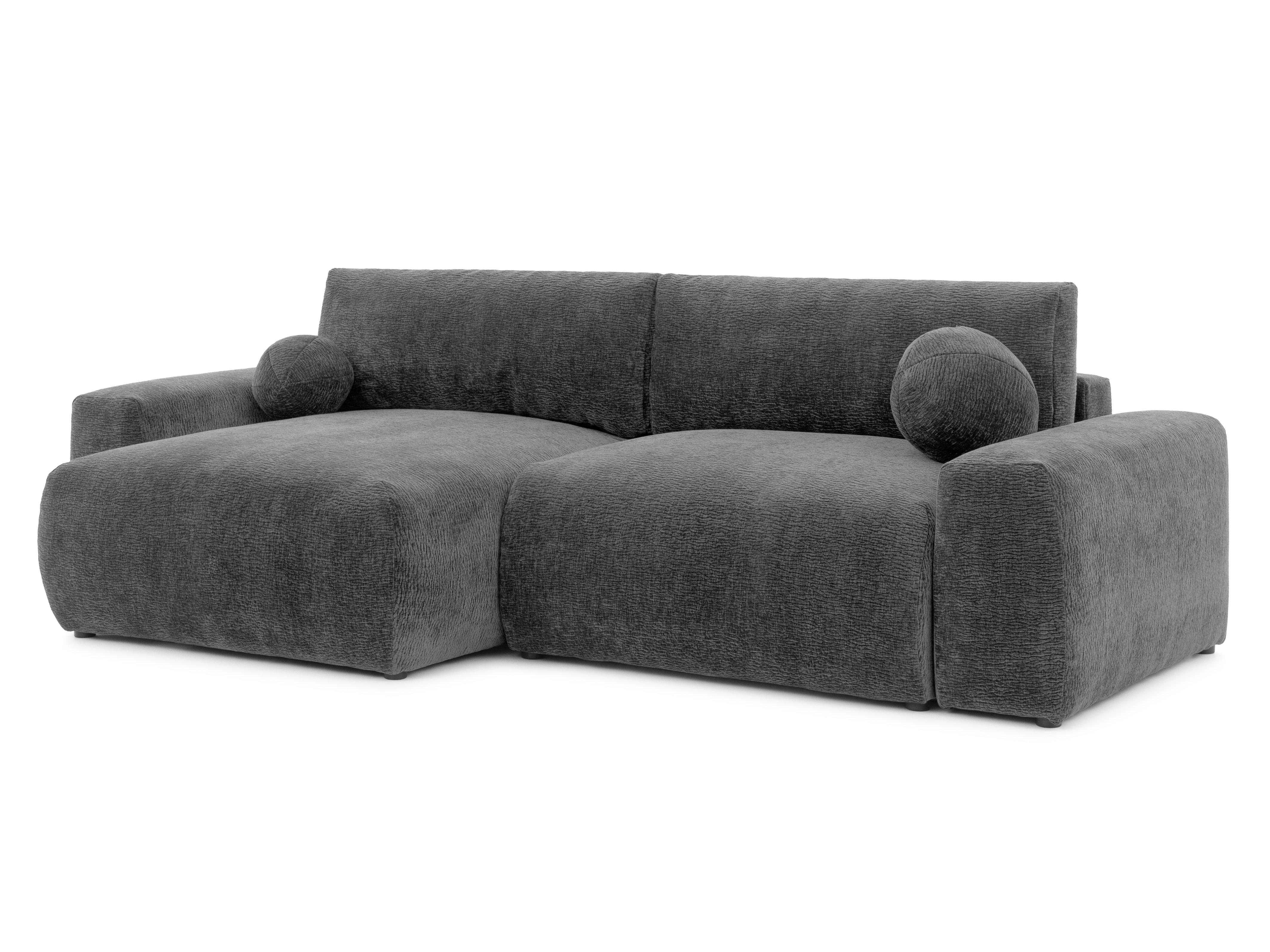 ECKSOFA Puffy mit Schlaffunktion und Bettkasten - weich und puffig aus Dunkelgrau Chenillegewebe mit markanter Struktur - Ottomane links - Dunkelgrau/Schwarz, Holz/Kunststoff (138/266cm) - S-Style