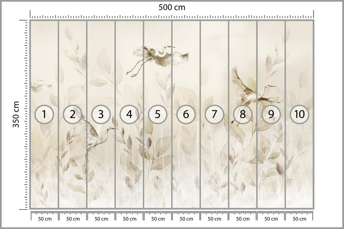 FOTOTAPETE Vögel Blätter Wiese Retro Stil 500x350 - Beige, Papier (500/350cm) - Muralo