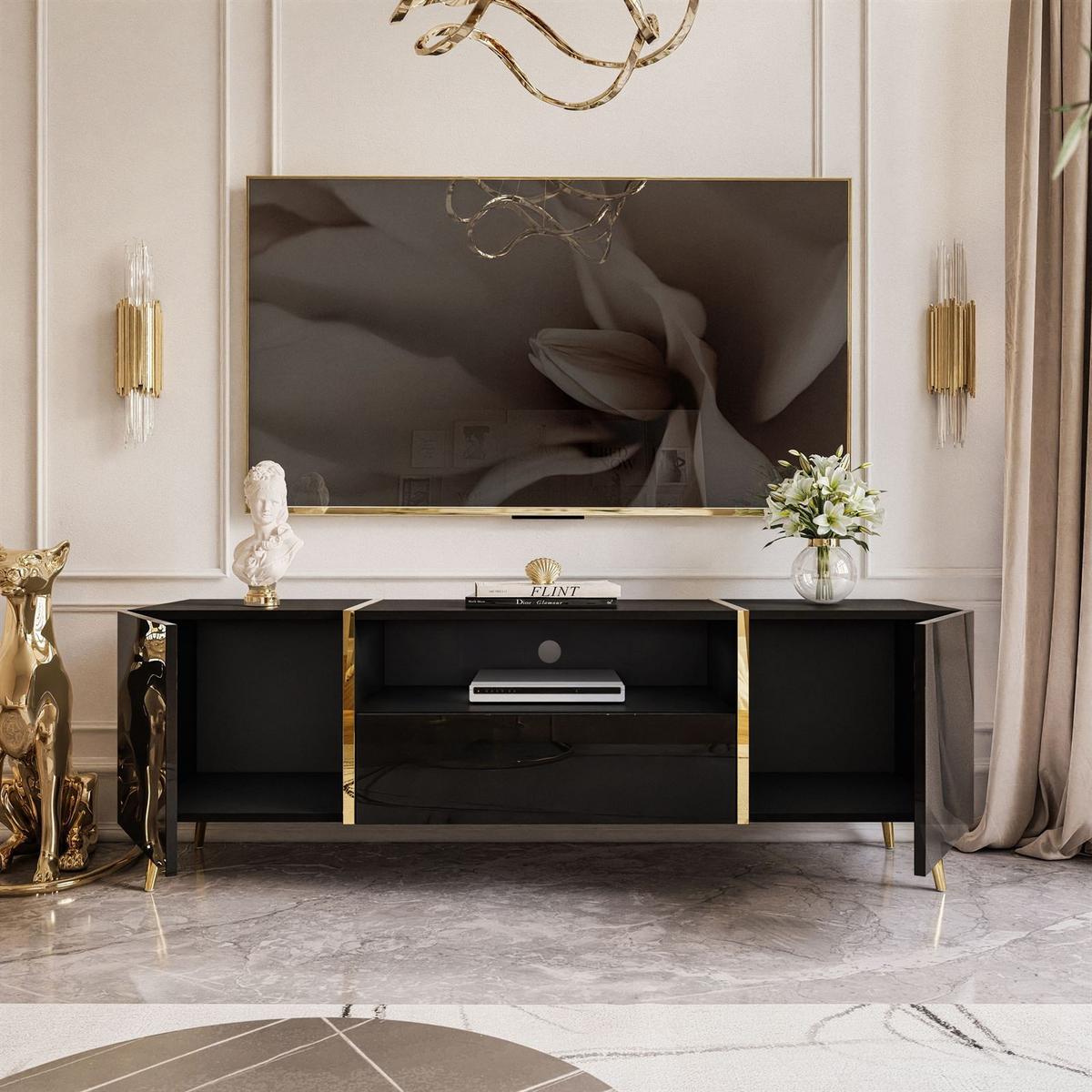 TV-ELEMENT ONYX AUF GOLDENEN BEINEN HOCHGLANZ 158 CM PUSH OPEN - Schwarz, Holzwerkstoff (158/53/41.3cm) - Lookway