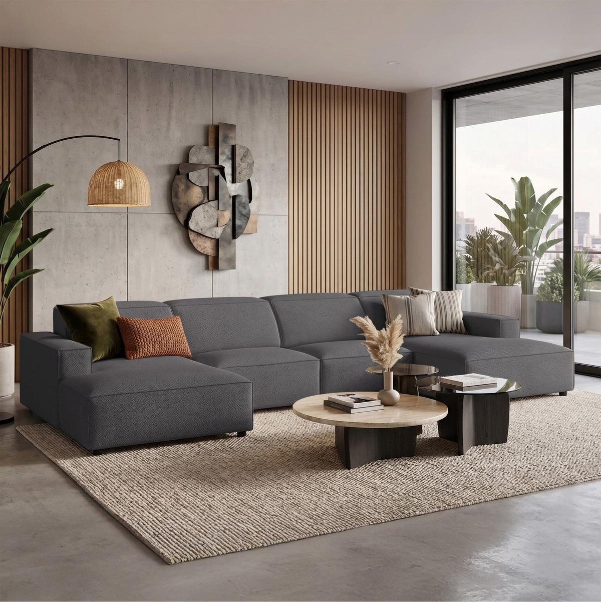 WOHNLANDSCHAFT Sellmo 368 cm - Dunkelgrau/Schwarz, Kunststoff/Textil (374/70/166cm) - Selsey
