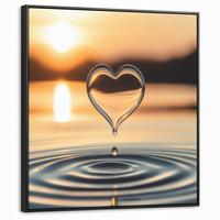 LEINWAND Bilder mit Rahmen - Herz - Wasser - Sonnenuntergang - Natur - Zen - 90x90 - Bernsteinfarben, Textil (90/90cm) - MuchoWow