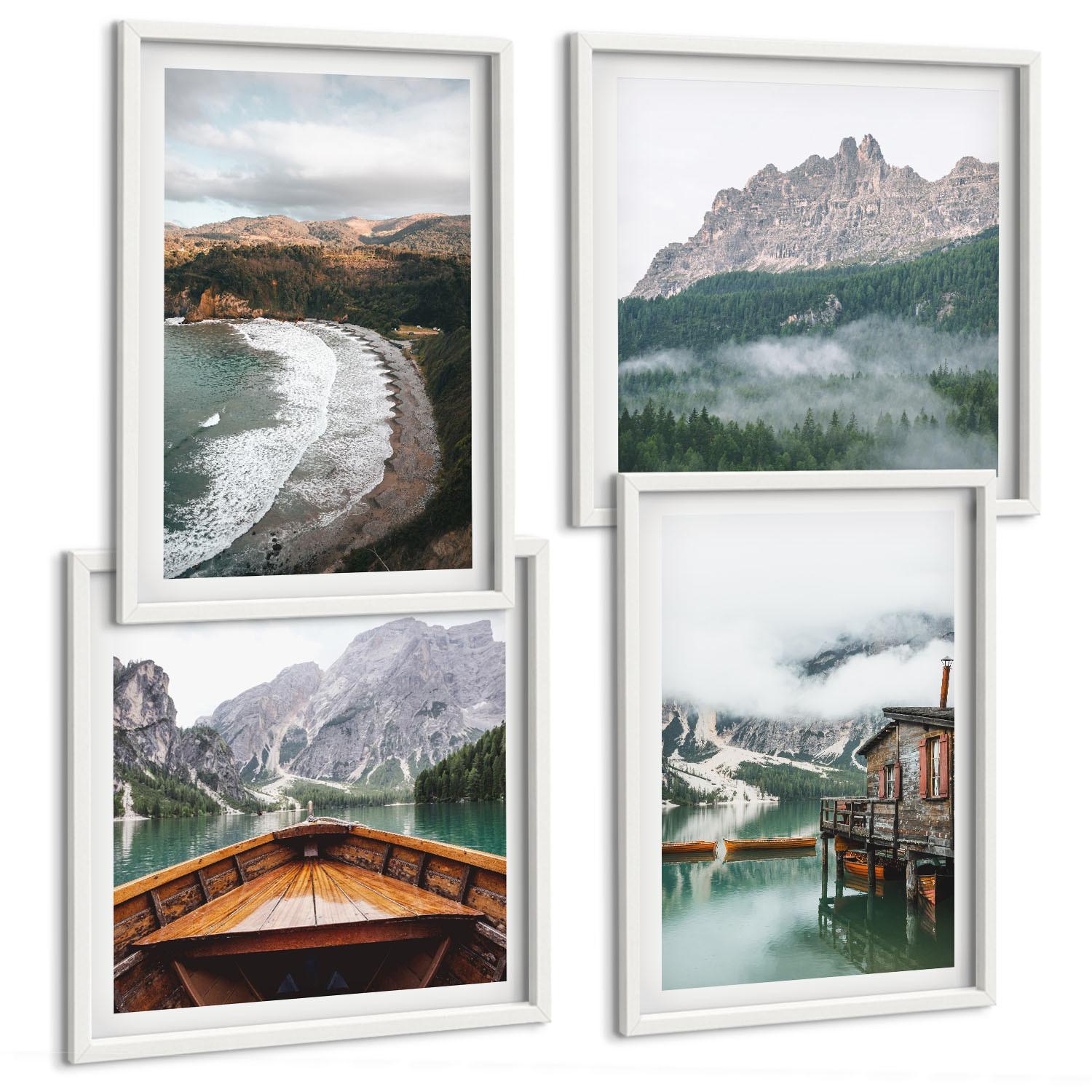 BILDER SET 4er Set - 50x50 cm & 40x60 cm Weißer Rahmen - Holzhausboot an Bergstränden - Weiß, Kunststoff (50/50cm) - TULUP