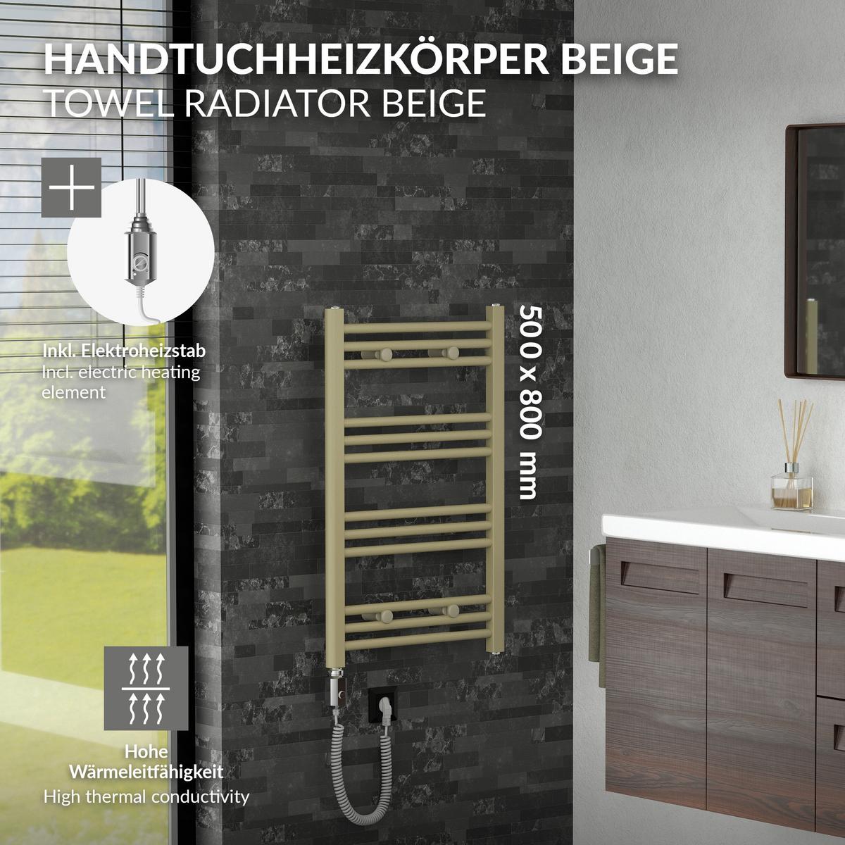HANDTUCHHEIZKÖRPER elektrisch 500 x 800 mm Beige Badheizkörper gerade mit Seitenanschluss mit Heizstab 300W - Beige, Metall (50/80/3cm) - LuxeBath