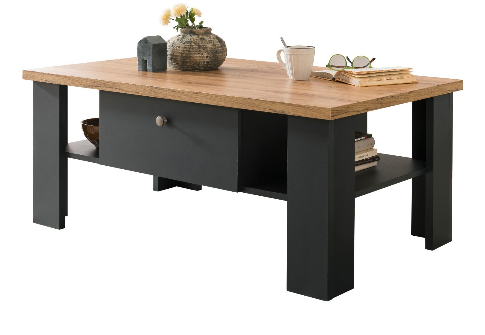 COUCHTISCH grau, Eiche Wotan, Landhaus 110 x 70 cm, Sofatisch mit Soft-Close-Funktion - Silberfarben/Eiche Wotan, Holzwerkstoff/Kunststoff (110/70/45cm) - Furn.Design