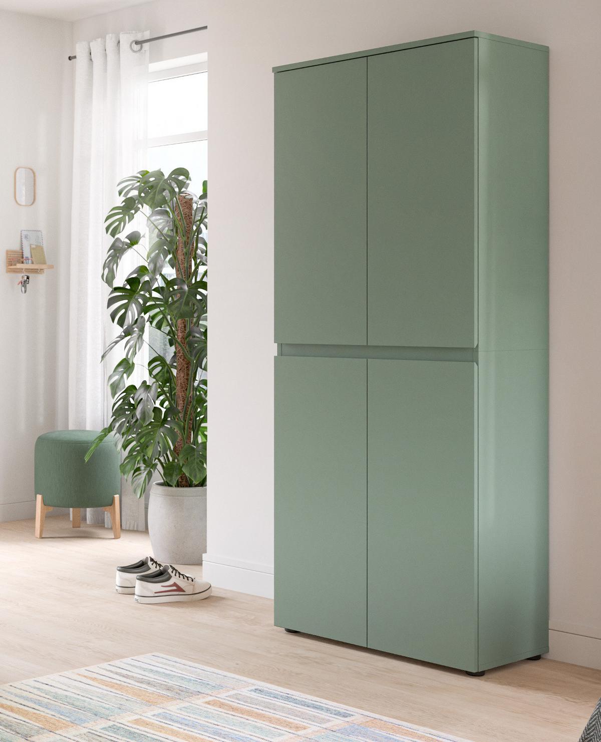 MEHRZWECKSCHRANK grün 70 x 175 cm, Stauraumschrank 4-türig mit 9 Fächern - Schwarz/Grün, Holzwerkstoff/Kunststoff (70/175/37cm) - Inn.Furn