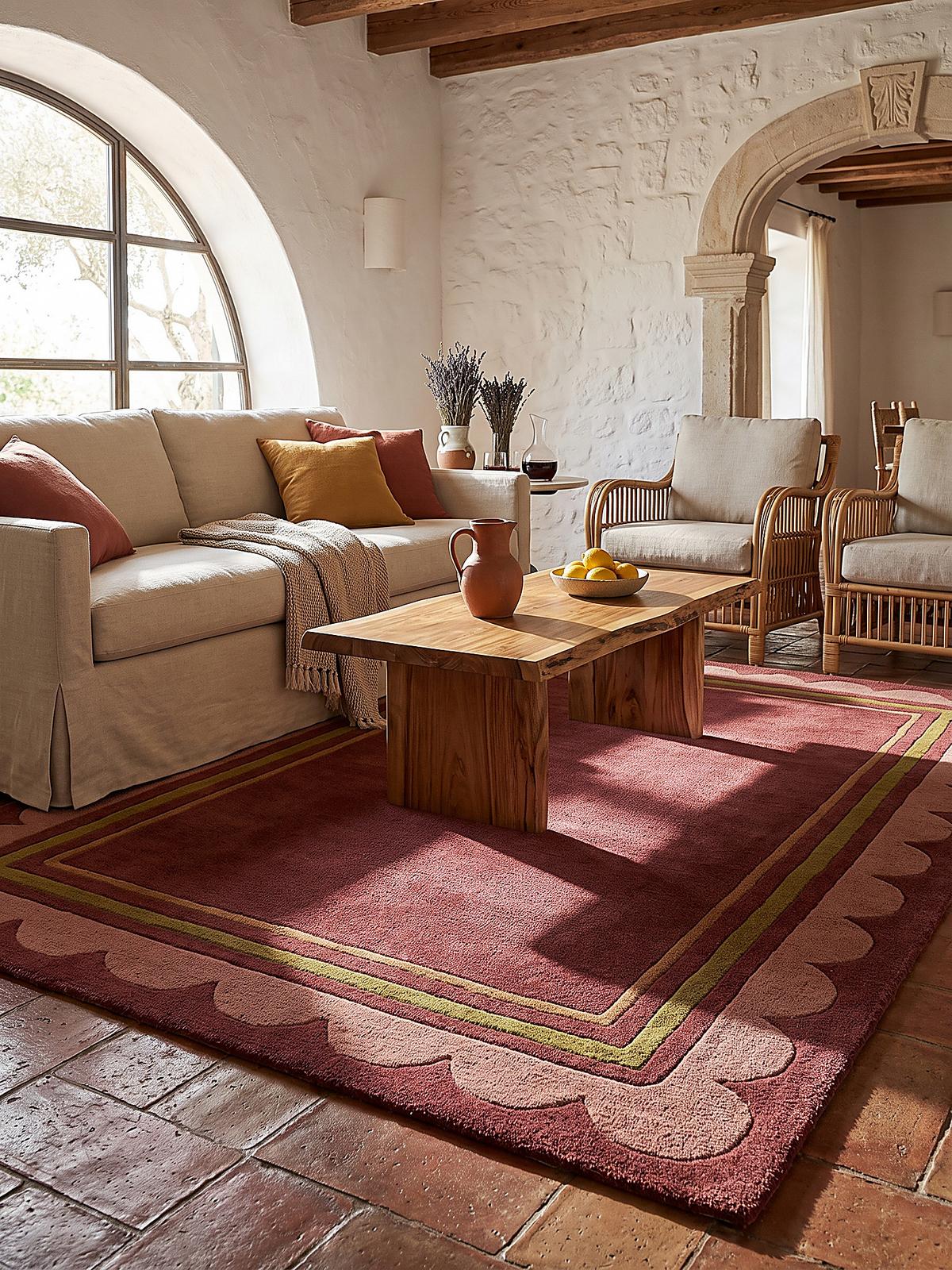 TEPPICH aus Wolle, handgetuftet, WENSUM, in Beerenrot, Scallop-Bordüre, 120 x 170 cm - Rot, Textil (120/170cm) - KADIMA DESIGN